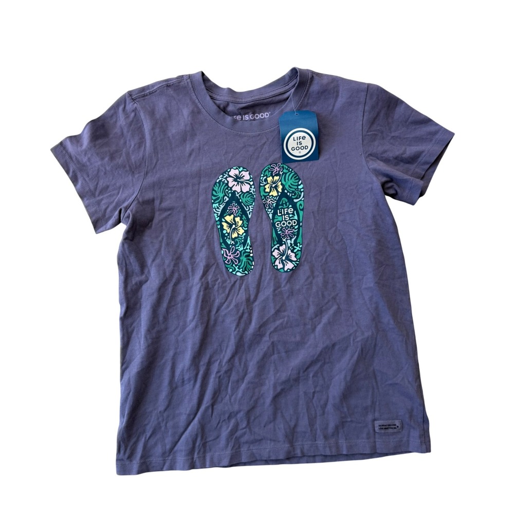 NWT Life is Good Women's Crusher Tee Medium Purple Hibiscus Flip Flops T-Shirt